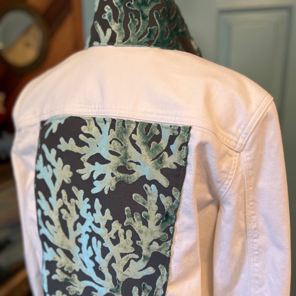 “Aloha” hand embellished white denim jacket